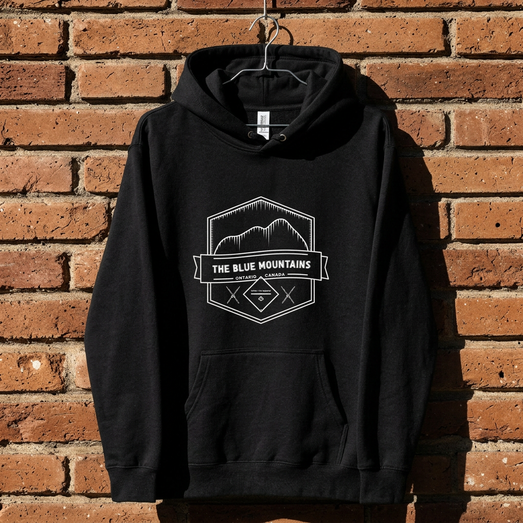 Black hoodie with a graphic design on a hanger against a brick wall